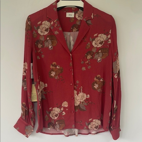 Wilfred Aritzia Tulum Blouse Red Long Sleeve Notched Collar Floral Blouse Small - Picture 1 of 16